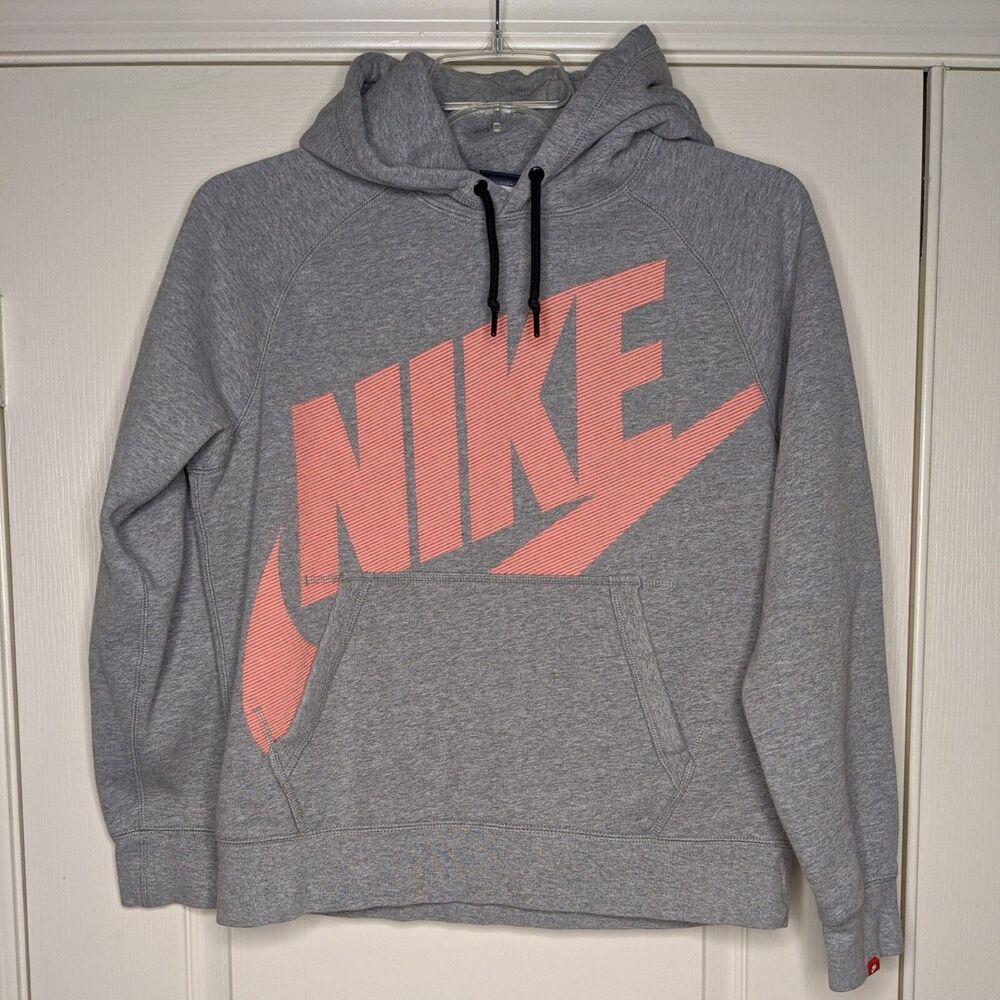 Y2K Nike Youth Size Medium Pullover Gray Hoodie Big Graphic Logo Peach Swoosh